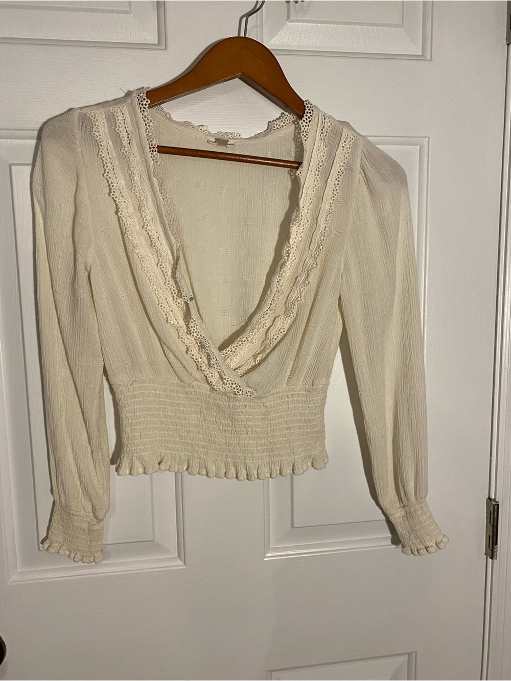 Women's Cream Lace-Trim Smocked Waist Blouse